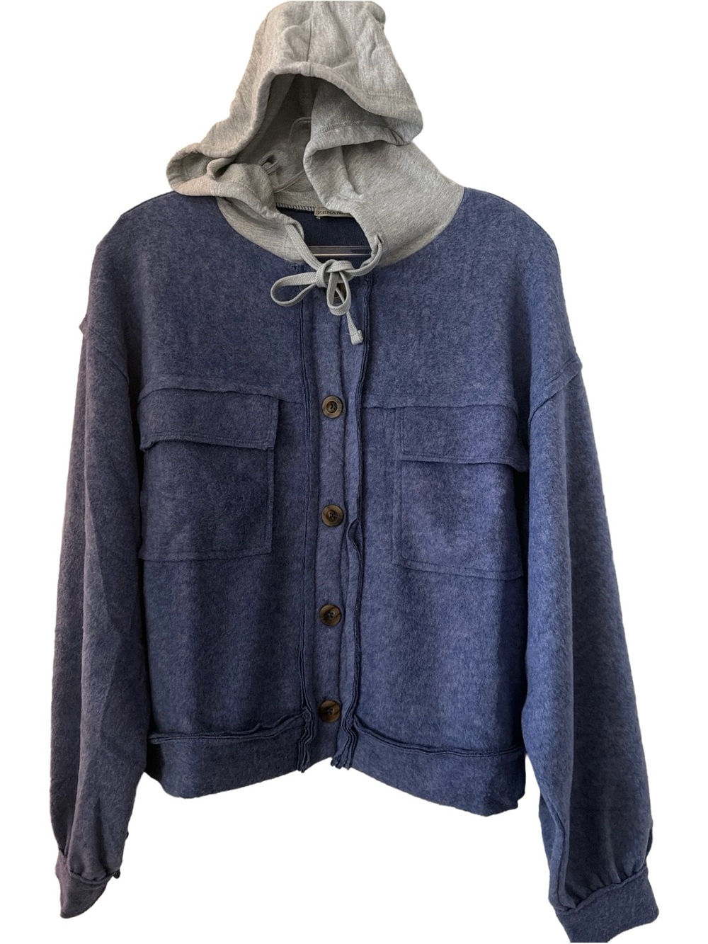 NWT Zenana Brushed Hacci Hooded Button Down Shacket Blue, Medium